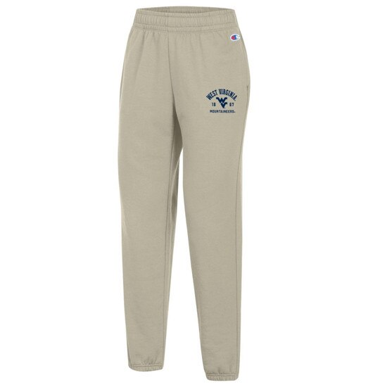 Cocoa butter WVU women's sweatpants with a navy WVU graphic on front left hip